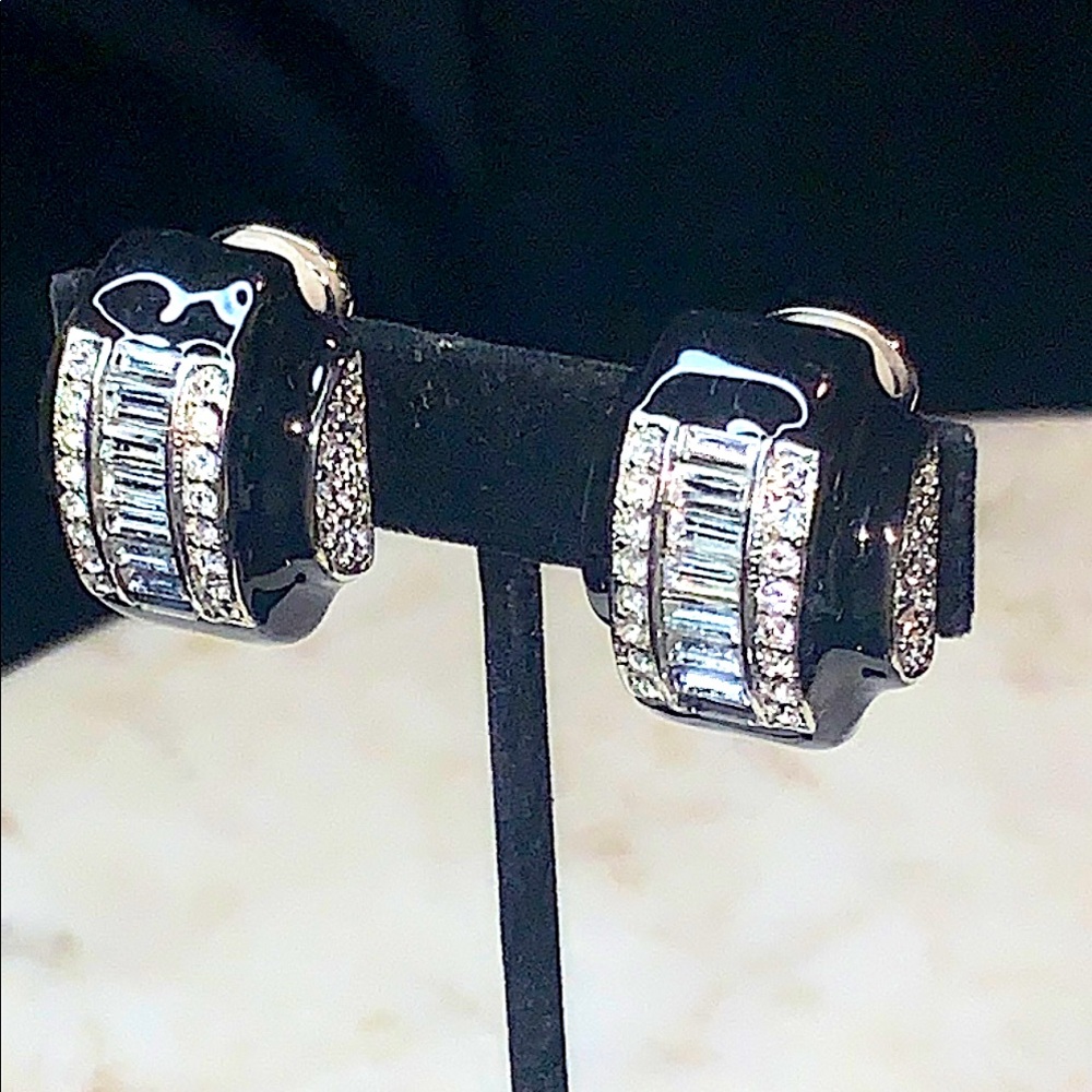 KENNETH JAY LANE KJL EARRINGS CLIP ON BLACK ENAMEL SILVER CRYSTALS MADE IN USA